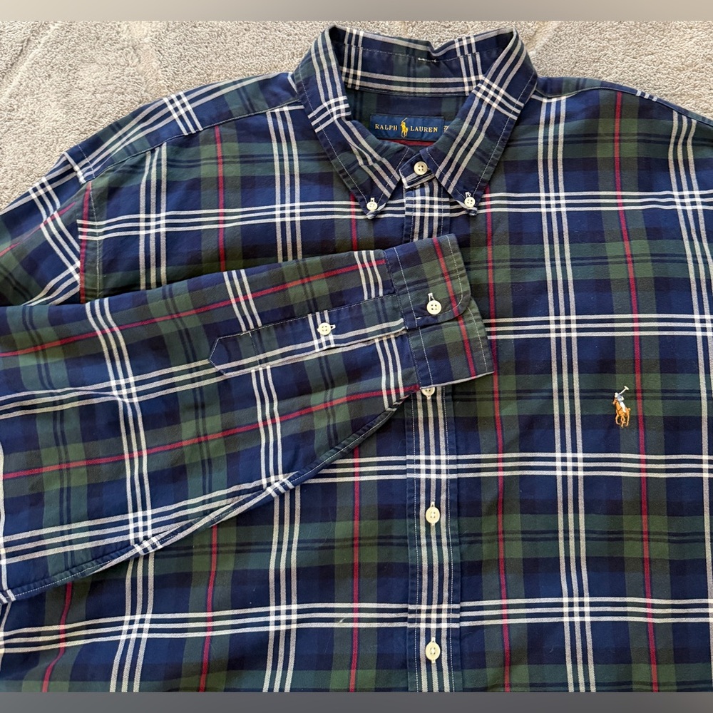 Ralph Lauren Plaid Button Down Shirt Mens 2XLT Tall Green/Blue Cotton